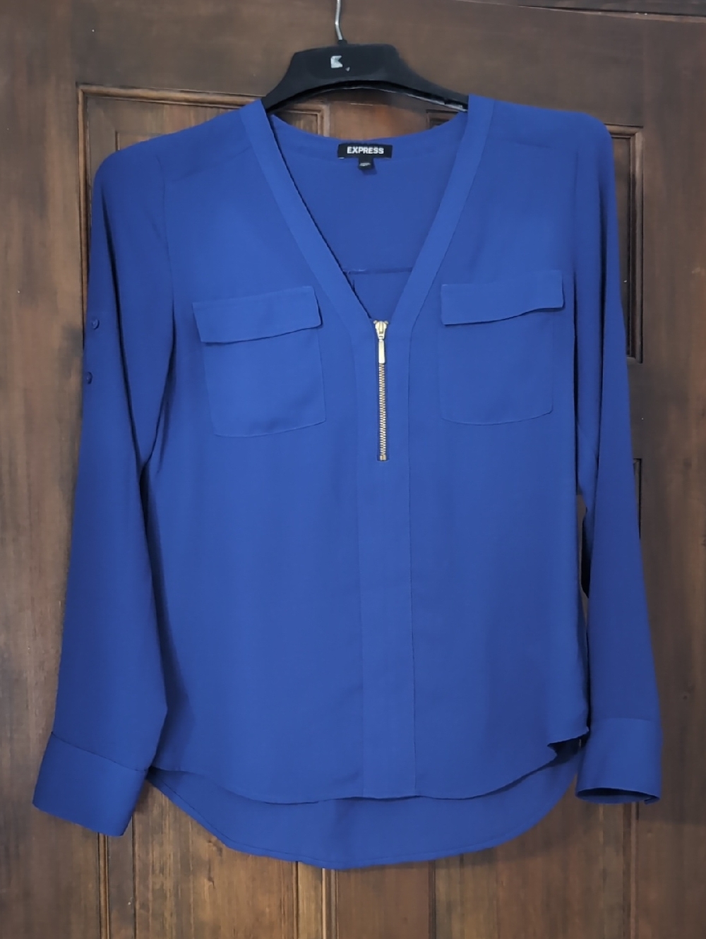 Express Women's Cobalt Blue Zip-Front V-Neck Blouse